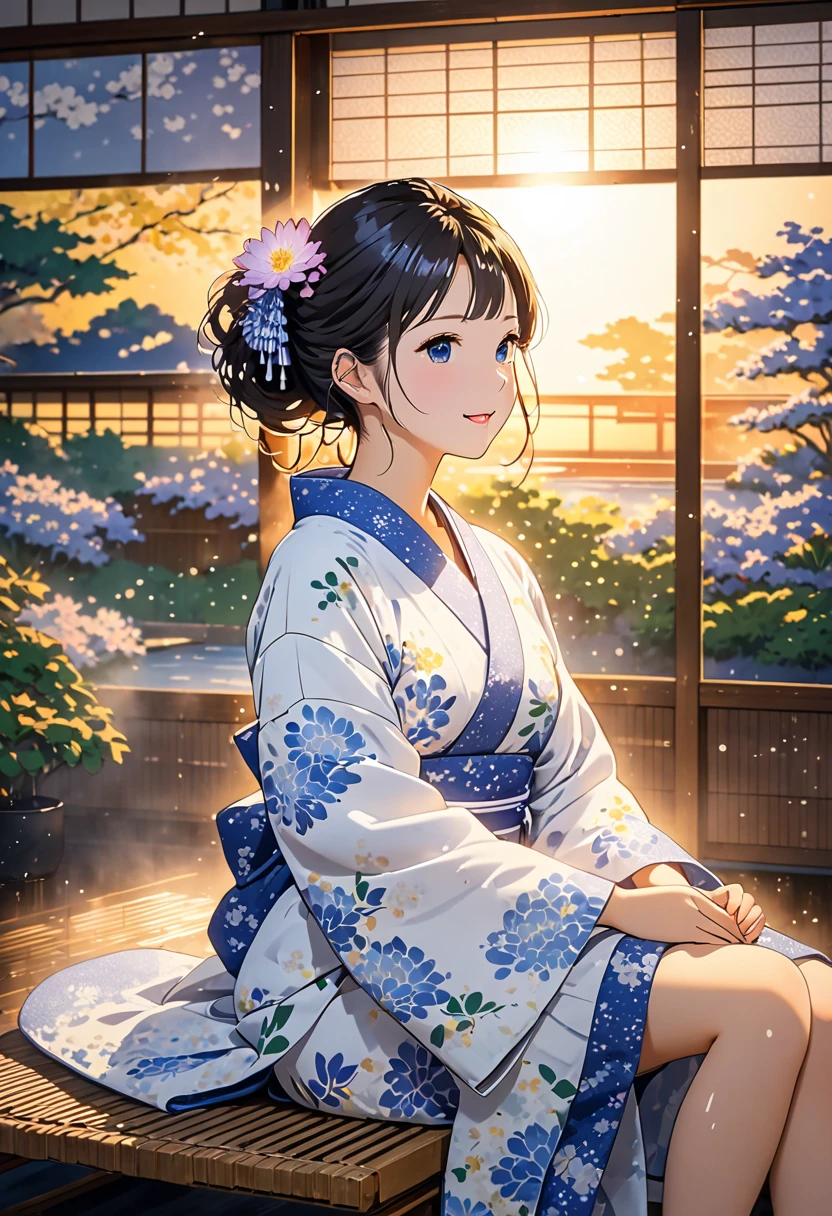 Anime, theme is "Japanese Yukata", Japanese hot spring inn recreation room, beautiful woman wearing yukata with blue small chrysanthemum pattern on white fabric after bathing, sitting and relaxing on a rattan chair, towel around neck, wet hair sticking to cheeks, sexy, big electric fan spinning in background, sunset shining through window, highlighting female beauty, sophisticated design, advanced lighting technology, 8K quality