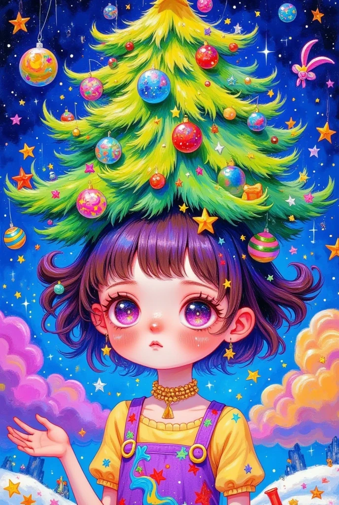 there is a cartoon girl with a christmas tree on her head, jen bartel, magical tree, seasons!! : 🌸 ☀ 🍂 ❄, colorfull illustration, a beautiful artwork illustration, with a tall tree, christmas tree, magic tree, fairy-tale illustration style, by JoWOnder, lady with glowing flowers dress, anime girl with cosmic hair, magical dress