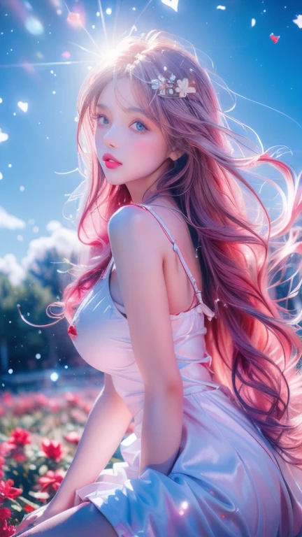 Score 9, Score 8 Up, Score 7 Up, (Best Quality), ((Masterpiece)), Anime, "A cute girl dressed in Santa Claus clothes is sitting in a vast flower field. She is praying, and in the background there is a blue sky with floating white clouds." Blue eyes I'm in a flower field. (((shiny red pink lips))), (Perfect makeup), (Looking at the viewer) (Big breasts) Flowing blonde hair. In the background there is a blue sky with floating white clouds. Rainbow colored snowflakes and light particles are floating in the sky. Highly detailed, perfect beauty, vibrant color illustration, speech bubble (peace ❤ heart) Detailed beautiful face and eyes, (Big breasts) (Blue eyes) (shiny red pink lips) (Looking at the viewer)