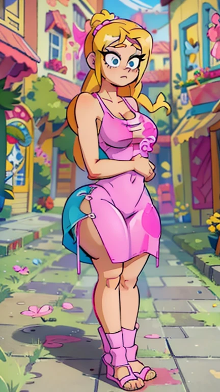 Teenage Helga Pataki from nickelodeon, yellow big pigtails, one single thick eyebrow, blue eyes, big ass, [Wide hips: 1.9] , full pink dress, alone, in the streets, small breasts, walking naked