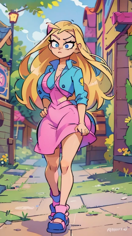 Teenage Helga Pataki from nickelodeon, yellow big pigtails, one single thick eyebrow, blue eyes, big ass, [Wide hips: 1.9] , full pink dress, alone, in the streets, small breasts, walking naked