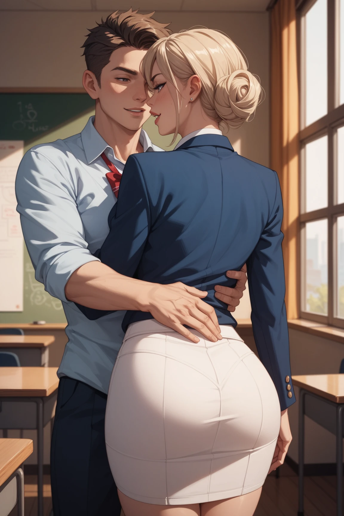 1boy, 1girl, boy fucks girl, missionary position, Girl in a short skirt, high stockings, sitting on a table, wraps her legs around a boy, blonde hair, boy with his pants down, facing the girl