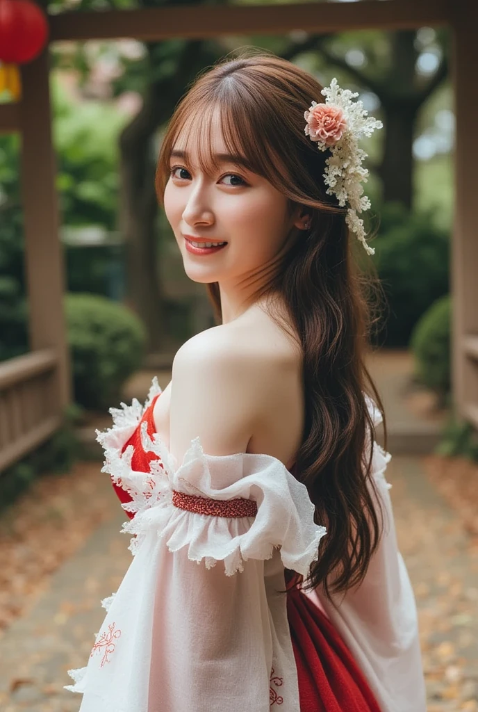 (((top-down configuration:1.4))), (best quality:1.4), (ultra highres:1.2), (photorealistic:1.4), (16k, RAW photo:1.2), (portrait shot:1.3), professional lighting, Japanese goddess, gravure, detailed face and skin texture, detailed eyes, looking at camera, nsfw, beautiful eyes, detailed eyes, beautiful face, detailed face, ((smile:1.5)), (highest quality), glowing skin, (smooth lighting:1.2), (cinema lighting:1.2), (brown hair), (long hair), (miko dressing:1.2), ((detailed red and white colored shrine maiden garb:1.3)), ((off shoulder:1.2)), (bare shoulder:1.2), (emphasize cleavage:1.2), (small breasts:1.3), (sheer wearing:1.3), standing, ((arched back:1.3)) (detailed historic Japanese shrine surrounded by ancient trees:1.2)