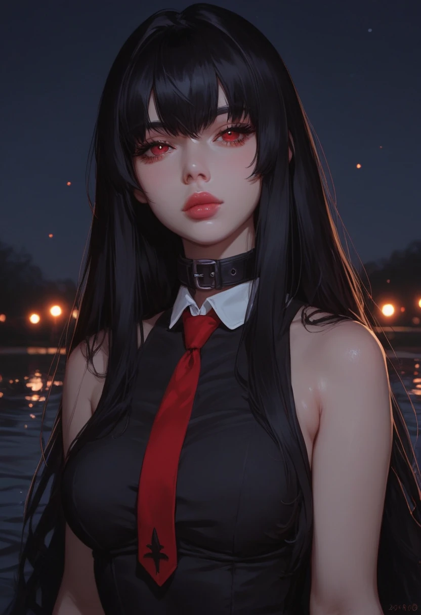 score_9, score_8_up, score_7_up, Western Comics, Portrait, Akame ga Kill!, cute, seductive, innocent, light smile:0.3, plump lips, slender body, very long black hair, red eyes, black dress, sleeveless, detailed white collar, long red tie, ultrahigh resolution textures, bokeh, moonlight passing through hair, night, lake background, depth of field, dynamic angle, fashion photography, sharp, hyperdetailed:1.15