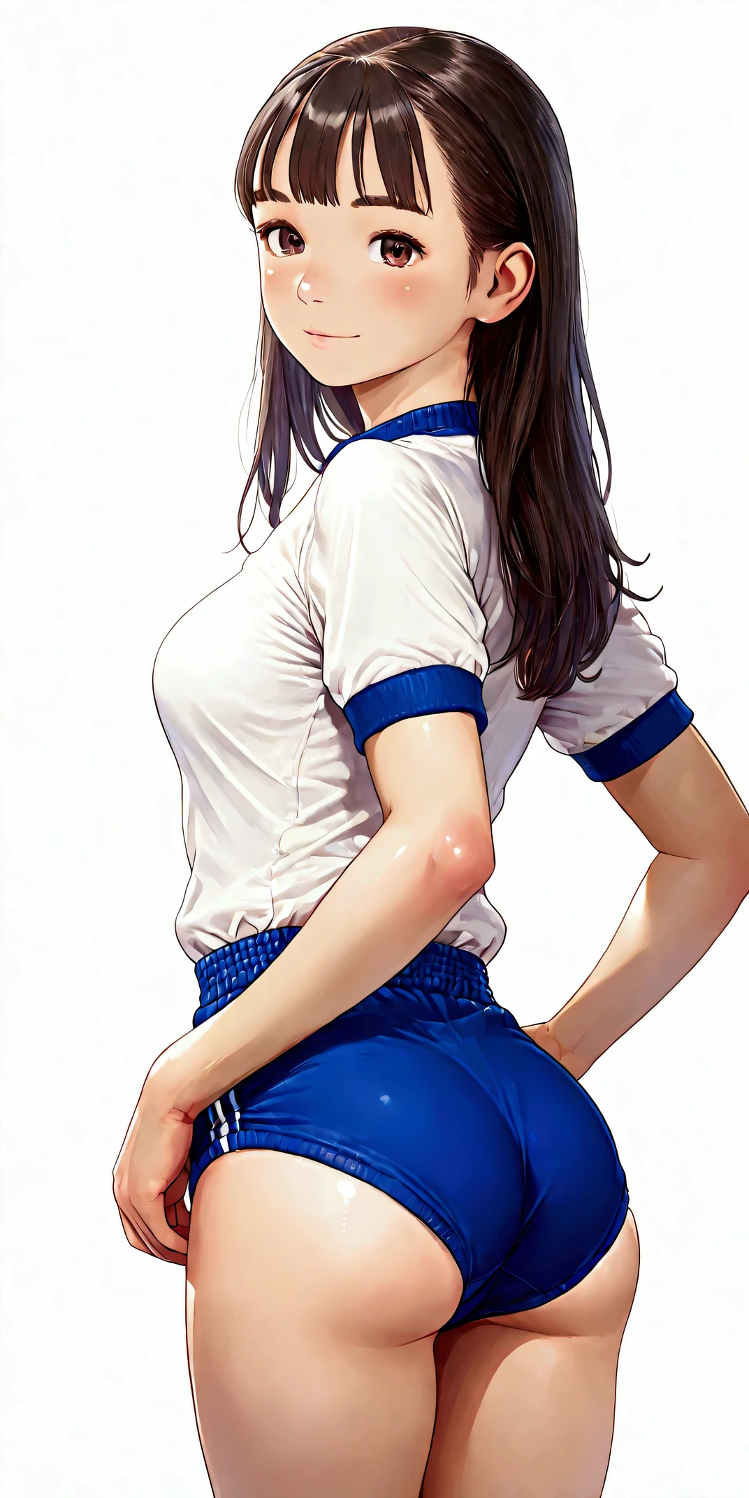 a woman wearing a baseball uniform with a jock strap is posing for a photo, 1girl, ass, solo, buruma, long hair, realistic, brown eyes