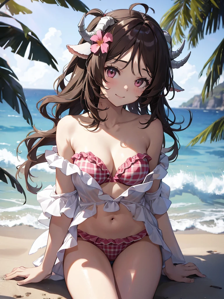 EyjafjallaSummer、8k、 top quality , masterpiece,  high definition , UHD、Alone, super detail、 perfect anatomy、detailed face、curled horns, hair flower, pink bikini, off-shoulder bikini,Full body painting、beach、背景は青い空と海、run、smile、 open your mouth、 anime style