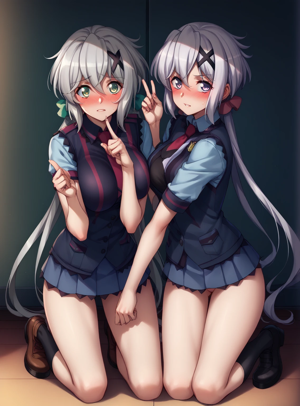 yuri, (YukineChris, (miniskirt black police uniform)、gray hair, long hair, Purple Eyes,  twin tails,low  twin tails,  ,  Big Breasts ,  perfect finger、blush). (akatsuki kirikablonde hair, 2girl,green eyes, looking at viewer, medium breasts x hair ornament,), 2girls,  kneeling、 no panties、