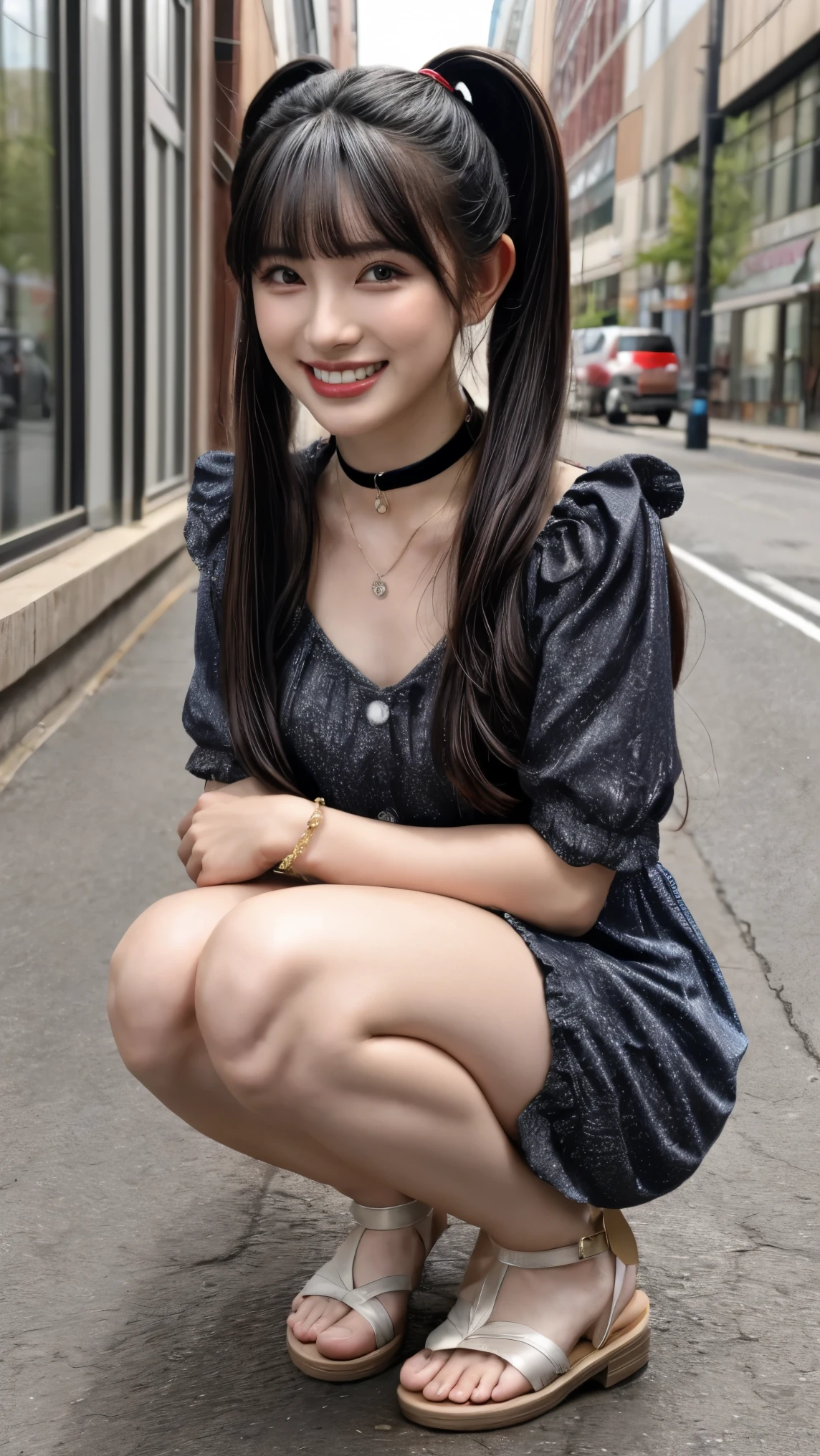 (realistic, photo-realistic:1.2), (masterpiece, best quality), high resolution photograph, extremely detailed, intricate details, sharp details, sharp focus, professional lighting, solo, 1girl, a 19 year old Japanese female idol, (full body), slim body, (sundress), (flat chest:1.5), (choker, jewelry), ankle strap heel-sandals, pale skin, fine-textured skin, shiny skin, (dark hair, shiny hair, pigtails hair, straight hair, blunt bangs, hair scrunchie:1.2), (beautiful detailed face, extremely detailed eyes, beautiful detailed nose, beautiful pupils), (cheerful grin), (crouching with knees together, hands on knees, peeing self, urination:1.4), (pee puddle), photo background, outdoors, downtown, sidewalk outside shop, (crowds),