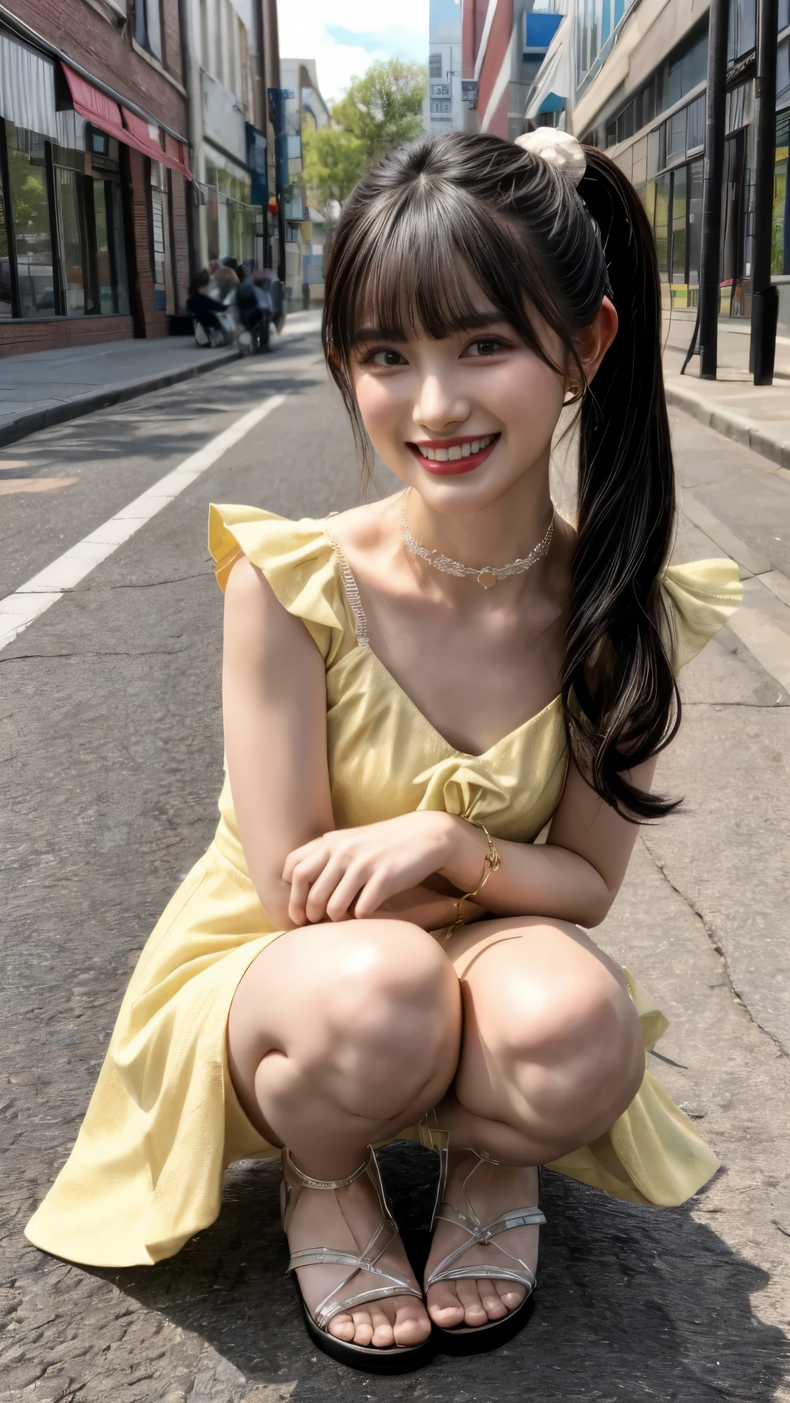 (realistic, photo-realistic:1.2), (masterpiece, best quality), high resolution photograph, extremely detailed, intricate details, sharp details, sharp focus, professional lighting, solo, 1girl, a 19 year old Japanese female idol, (full body), slim body, (sundress), (flat chest:1.5), (choker, jewelry), ankle strap heel-sandals, pale skin, fine-textured skin, shiny skin, (dark hair, shiny hair, pigtails hair, straight hair, blunt bangs, hair scrunchie:1.2), (beautiful detailed face, extremely detailed eyes, beautiful detailed nose, beautiful pupils), (cheerful grin), (crouching with knees together, hands on knees, peeing self, urination:1.4), (pee puddle), photo background, outdoors, downtown, sidewalk outside shop, (crowds),