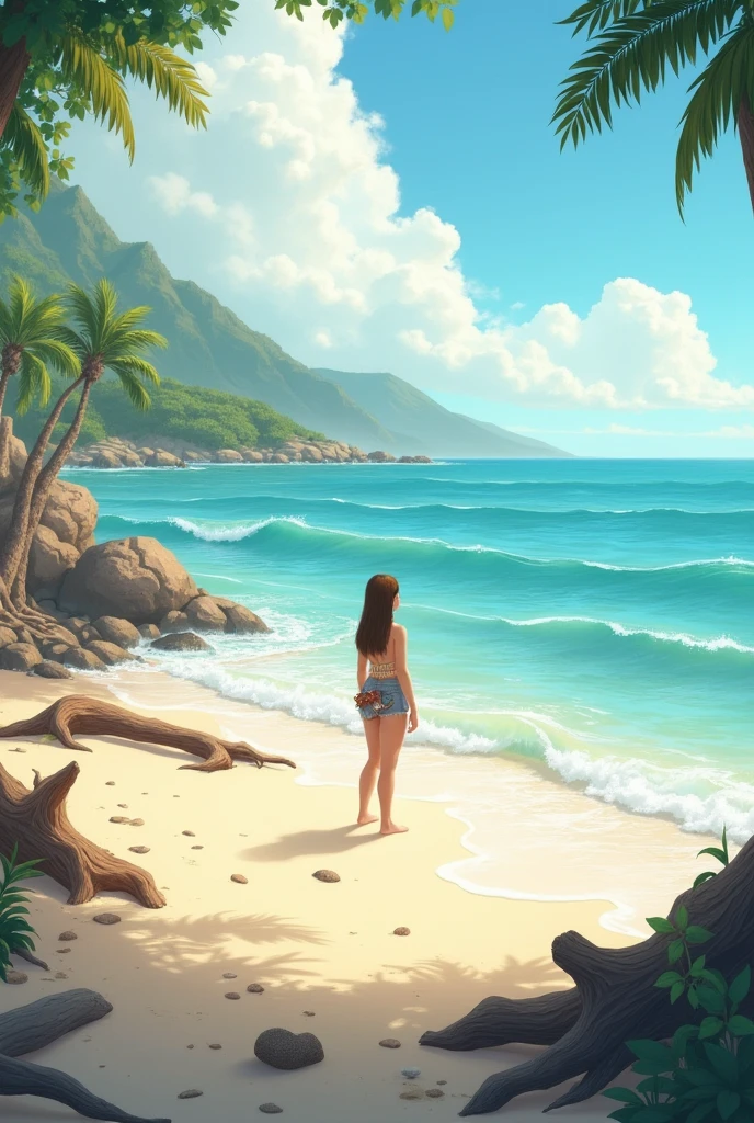 Young girl on a nudist beach, under the palm trees, no bikini, z przodu