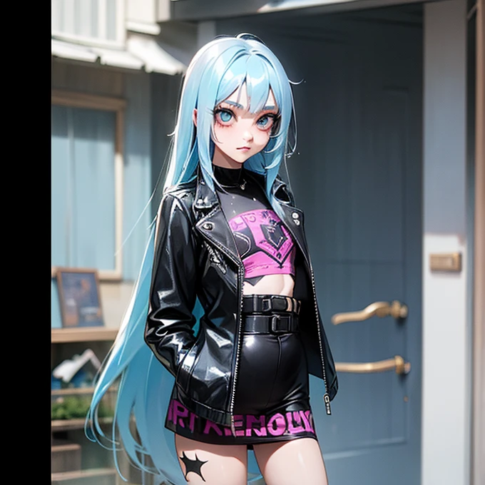  One Girl , unkempt long hair( light blue hair),Tree Eyes, flashy makeup, flat chest,skinny, anorexic,  is short, Punk Fashion（ leather jacket , vintage shirt ）,pantyhose, Greet them from the front door 