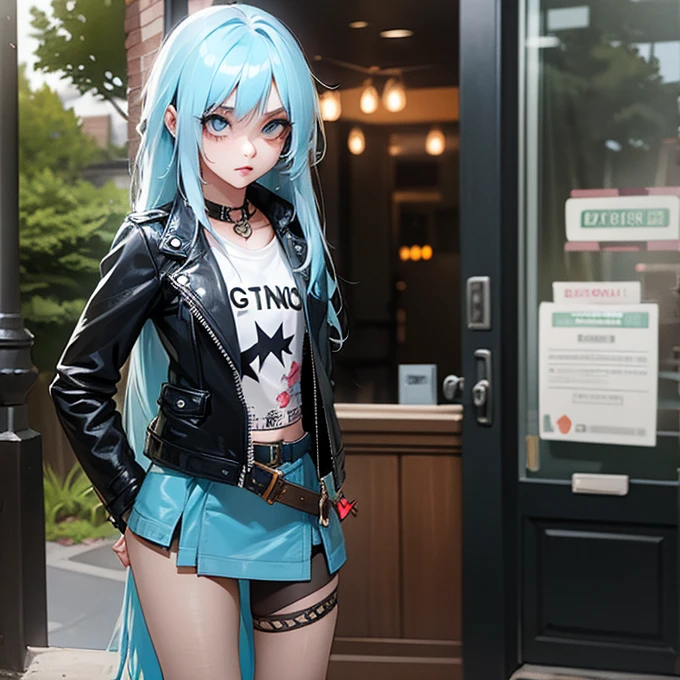  One Girl , unkempt long hair( light blue hair),Tree Eyes, flashy makeup, flat chest,skinny, anorexic,  is short, Punk Fashion（ leather jacket , vintage shirt ）,pantyhose, Greet them from the front door 