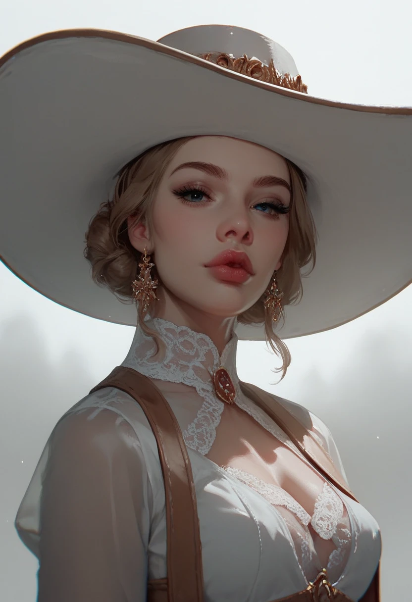 score_9, score_8_up, score_7_up, Western Comics, Portrait, A shadowy human figure, cute, seductive, innocent, light smile:0.3, plump lips, slender body, large hat, intense fog background, depth of field, dynamic angle, fashion photography, sharp, hyperdetailed:1.15