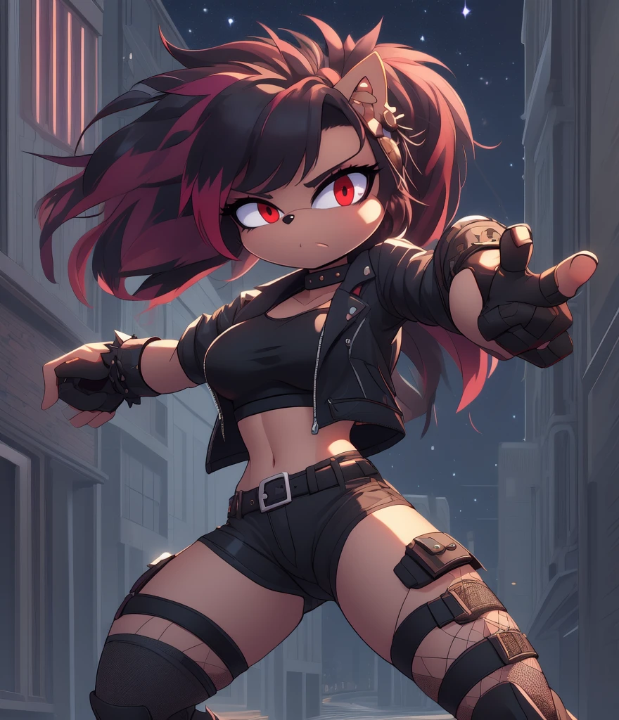 ((masterpiece)) ((UHD)) 4K, High detailed, Female anthropomorphic hedgehog, mobian, black fur, furry, Anime style art, ((intricate details)) ((Studio Quality)), Atractive, gorgeous body, portrait, Best Quality, High resolution, breasts, midriff, multicolored hair black messy long Punk Hair with crimson highlights, long bangs, red eyes, purple eyeshadow, open black leather jacket, grey cropped undershirt, studed belt, spike bracelets, black fingerless gloves, fishnet forearm covering, black choker, earrings, black leather shorts,crimson striped black tall punk boots , angry, simple background, posing with pistol, holster, tactical straps, tactical pose, Looking at viewer, city alley ((nighttime)) ((starry sky)) ((ambient lighting)), shes super cool and fiesty. Expert marksman. 