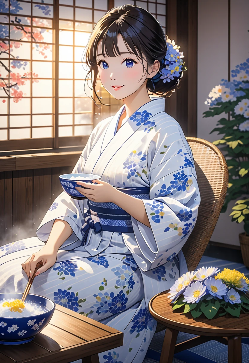 Anime, theme is "Japanese Yukata", Japanese hot spring inn recreation room, beautiful woman wearing yukata with blue small chrysanthemum pattern on white fabric after bathing, sitting on a rattan chair relaxing and eating shaved ice, her washed hair is moist and attractive, a large electric fan is rotating in the background, the setting sun is shining through the window, highlighting the beauty of the woman, sophisticated design, advanced lighting technology, 8K quality