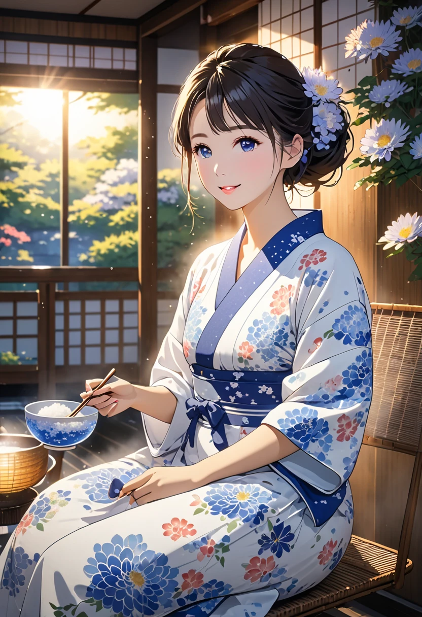 Anime, theme is "Japanese Yukata", Japanese hot spring inn recreation room, beautiful woman wearing yukata with blue small chrysanthemum pattern on white fabric after bathing, sitting on a rattan chair relaxing and eating shaved ice, her washed hair is moist and attractive, a large electric fan is rotating in the background, the setting sun is shining through the window, highlighting the beauty of the woman, sophisticated design, advanced lighting technology, 8K quality