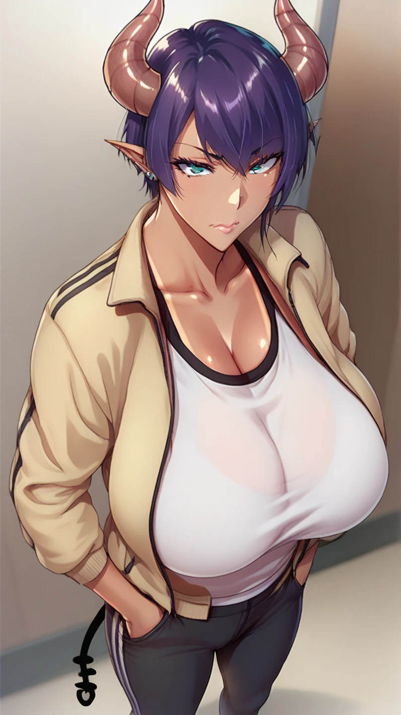 score_9,      score_8_above,      score_7_above,      score_6_above,    Estilo Takeda Hiromitsu  ,  a girl, huge breast ,   big breasts,    tall details  ,      The Best Quality     ,    Anatomically correct ,    short hair ,    Closed mouth   ,   , piercings ,   hands in their pockets    ,  tan lines ,  open sports jacket ,  tight sports pants  , face would be ,demon horns, succubus tail, cuernos , pelo   color blue 