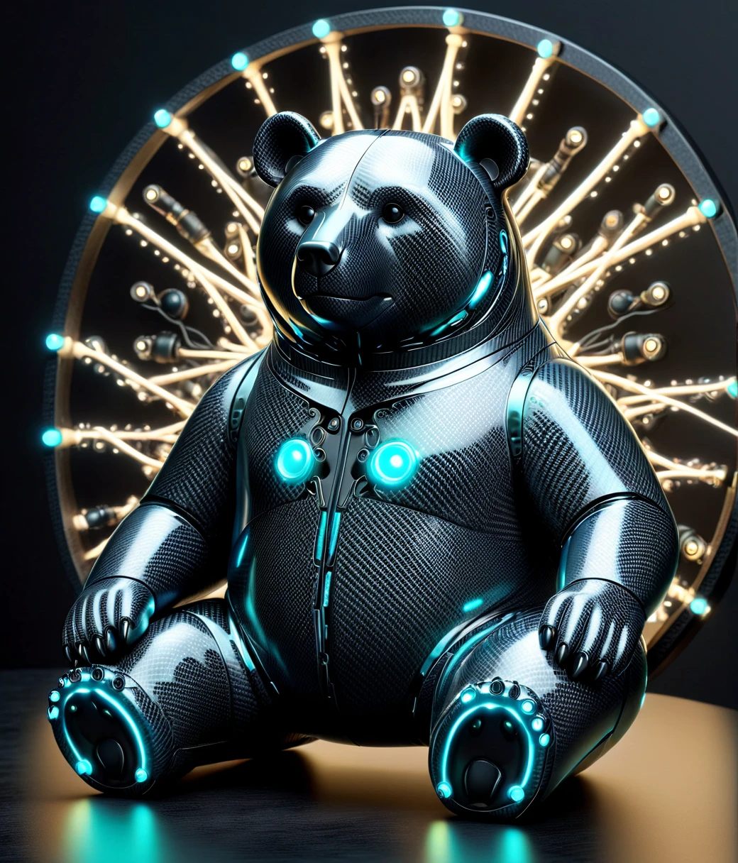 (cute, chubby, male, bear), ral-carbonfiber, mirrored chrome bioluminescent circuit board, glowing wires, adorable, magical, fantasy, hires textures, highly detailed, intricate details, best quality, masterpiece