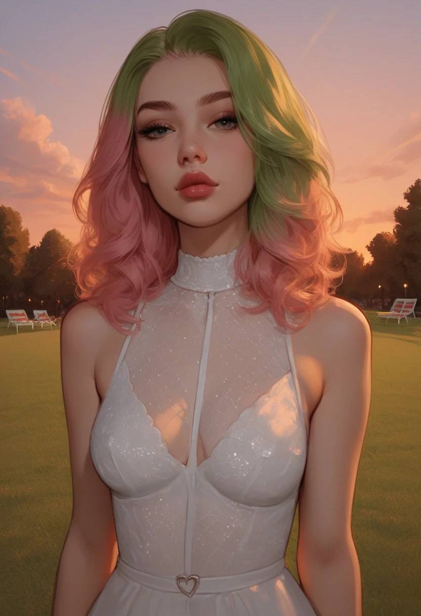 score_9, score_8_up, score_7_up, Western Comics, Portrait, girl, cute, seductive, innocent, light smile:0.3, plump lips, slender body, coloured hair, small tits, flirting, high detailed dress, Picnic atmosfere, well-kept green lawn, public park, sunset, depth of field, dynamic angle, fashion photography, sharp, hyperdetailed:1.15