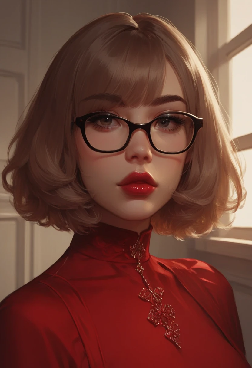 score_9, score_8_up, score_7_up, Western Comics, Portrait, girl, tunisian, cute, seductive, innocent, light smile:0.3, plump lips, slender body, short hair, slender, red lips, wearing glasses, wearing high detailed red dress, flirting, soft light passing through hair, side lighting, reflected light, depth of field, dynamic angle, fashion photography, sharp, hyperdetailed:1.15