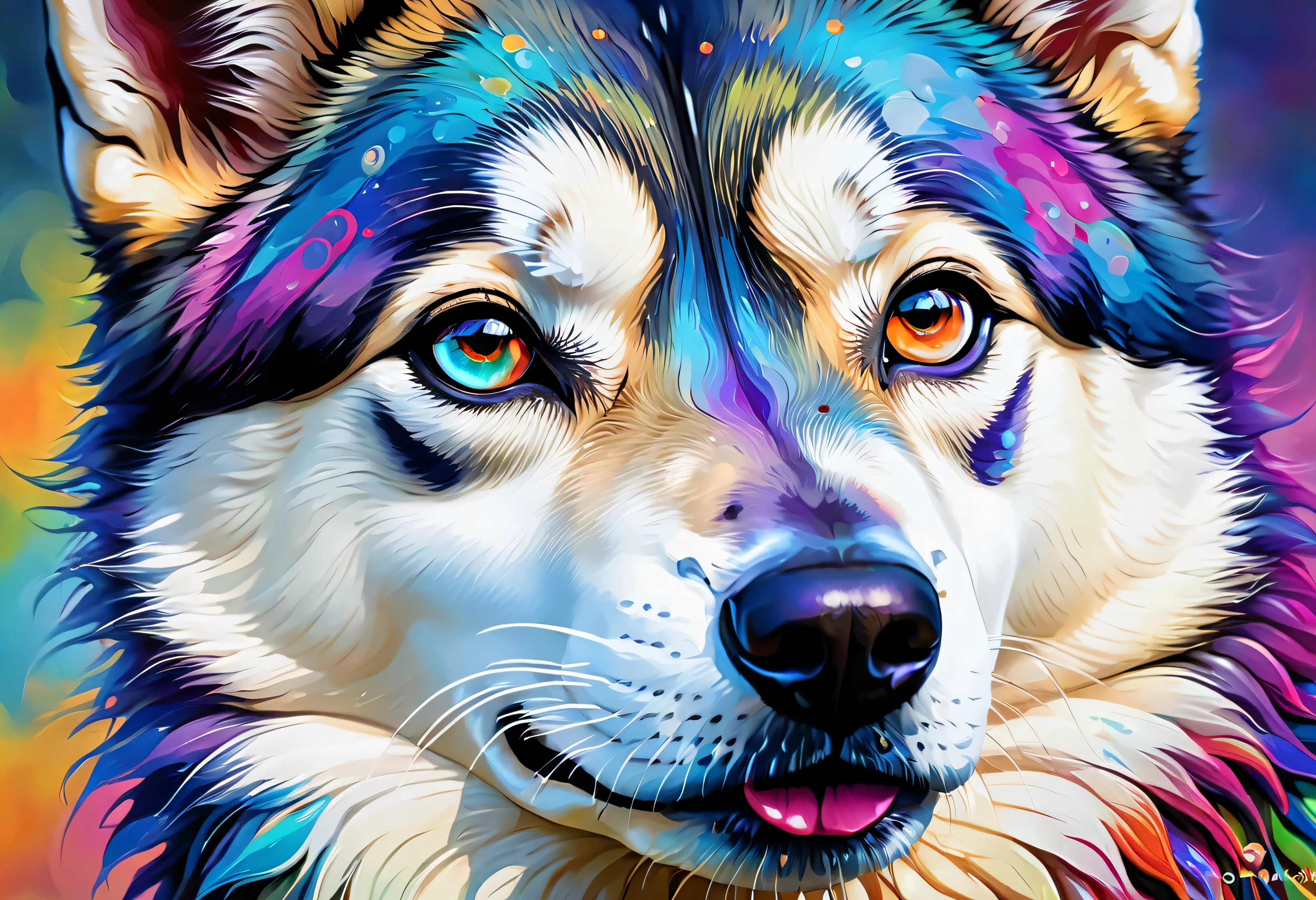 犬の絵 with a colorful face and eyes, BEAUTIFUL 4K ART , Detailed painting 4k, Gautama Buddha  wearing a painting , Rendered in high resolution, Vadim Kashin.  super real , in a Siberian Husky Picture ,  by Alessandro Pautasso,  Gautama Buddha  wearing colorful and detailed ,  detailed 4k painting , Siberian Husky Picture 