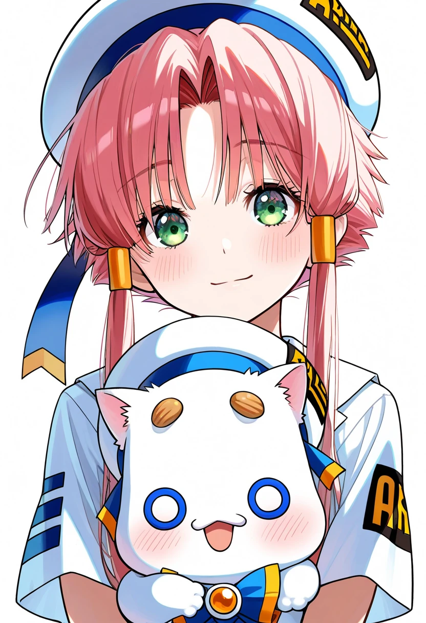 mizunashi akari aria_(manga), 1girl, green eyes, hair tubes, pink hair, blush, parted bangs, sailor collar, sidelocks, eyelashes, hat, short sleeves, beret, dress, gold trim, white dress, bowtie, shirt, hat ribbon, looking at viewer, (aria_pokoteng:1.3), bow, holding, white background, simple background, upper body, aria company uniform, smile, white headwear, short hair with long locks, closed mouth, blue ribbon, blue bow, white shirt, blue bowtie, masterpiece, best quality, very aesthetic, absurdres