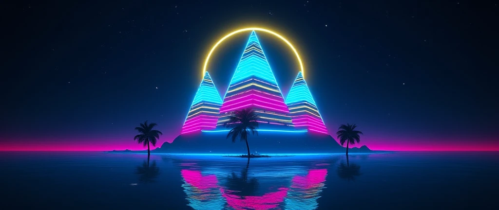  The image is a work of digital art that appears to be a futuristic landscape with a dark background . in the center of the image,  there are three pyramidal structures in the shape of a triangle formed by blue and pink neon lights .  The triangle has It is shaped like a triangle and is surrounded by a yellow neon circle and a pattern of pink and blue stripes. In front of the triangle ,  there are two palm trees on a small island in the middle of the ocean .  The island is reflected in the water below ,  creating a mirror effect .  The water is an intense blue color and there are reflections of the trees and the island on the surface .  The general environment of the piece is a dark and mysterious cosmic panorama from dark science fiction .