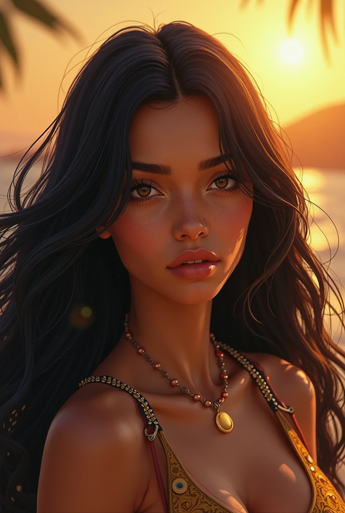 create a one piece character brown haired woman, Dark skin and brown eyes with not so long and wavy hair 