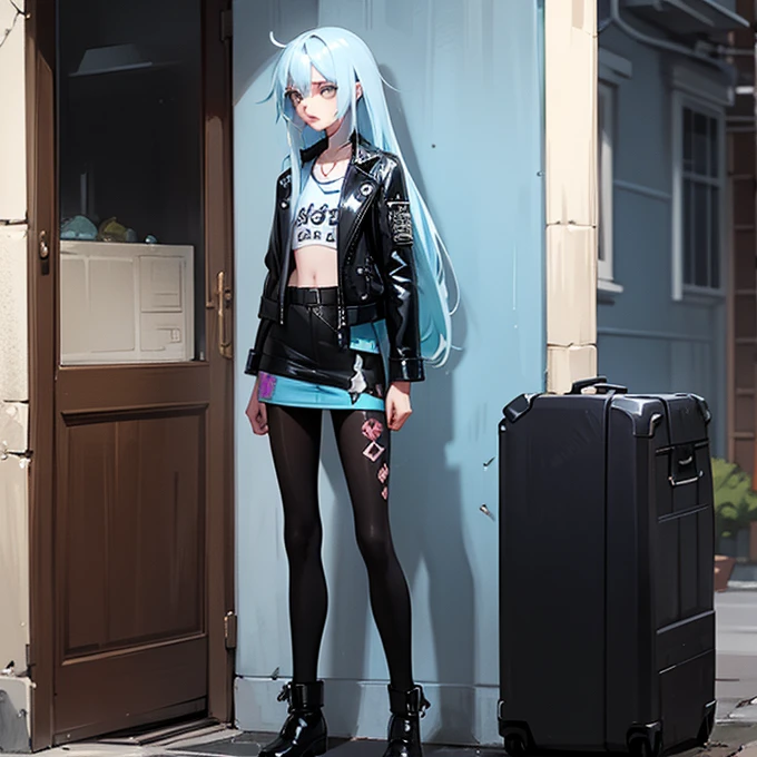  One Girl , unkempt long hair( light blue hair),Tree Eyes, flashy makeup, flat chest,skinny, anorexic,  is short, Punk Fashion（ leather jacket , vintage shirt ）,pantyhose, Greet them from the front door 