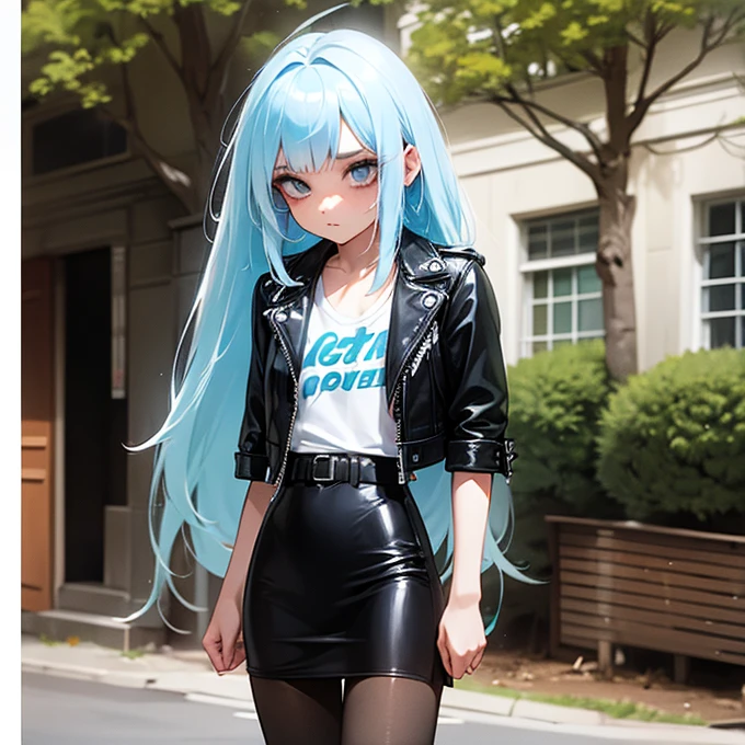  One Girl , unkempt long hair( light blue hair),Tree Eyes, flashy makeup, flat chest,skinny, anorexic,  is short, Punk Fashion（ leather jacket , vintage shirt ）,pantyhose, Greet them from the front door 