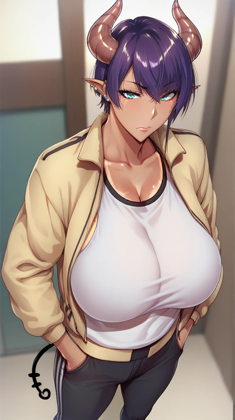 score_9,      score_8_above,      score_7_above,      score_6_above,    Estilo Takeda Hiromitsu  ,  a girl, huge breast ,   big breasts,    tall details  ,      The Best Quality     ,    Anatomically correct ,    short hair ,    Closed mouth   ,   , piercings ,   hands in their pockets    ,  tan lines ,  open sports jacket ,  tight sports pants  , face would be ,demon horns, succubus tail, cuernos , pelo   color blue , cola succubus 