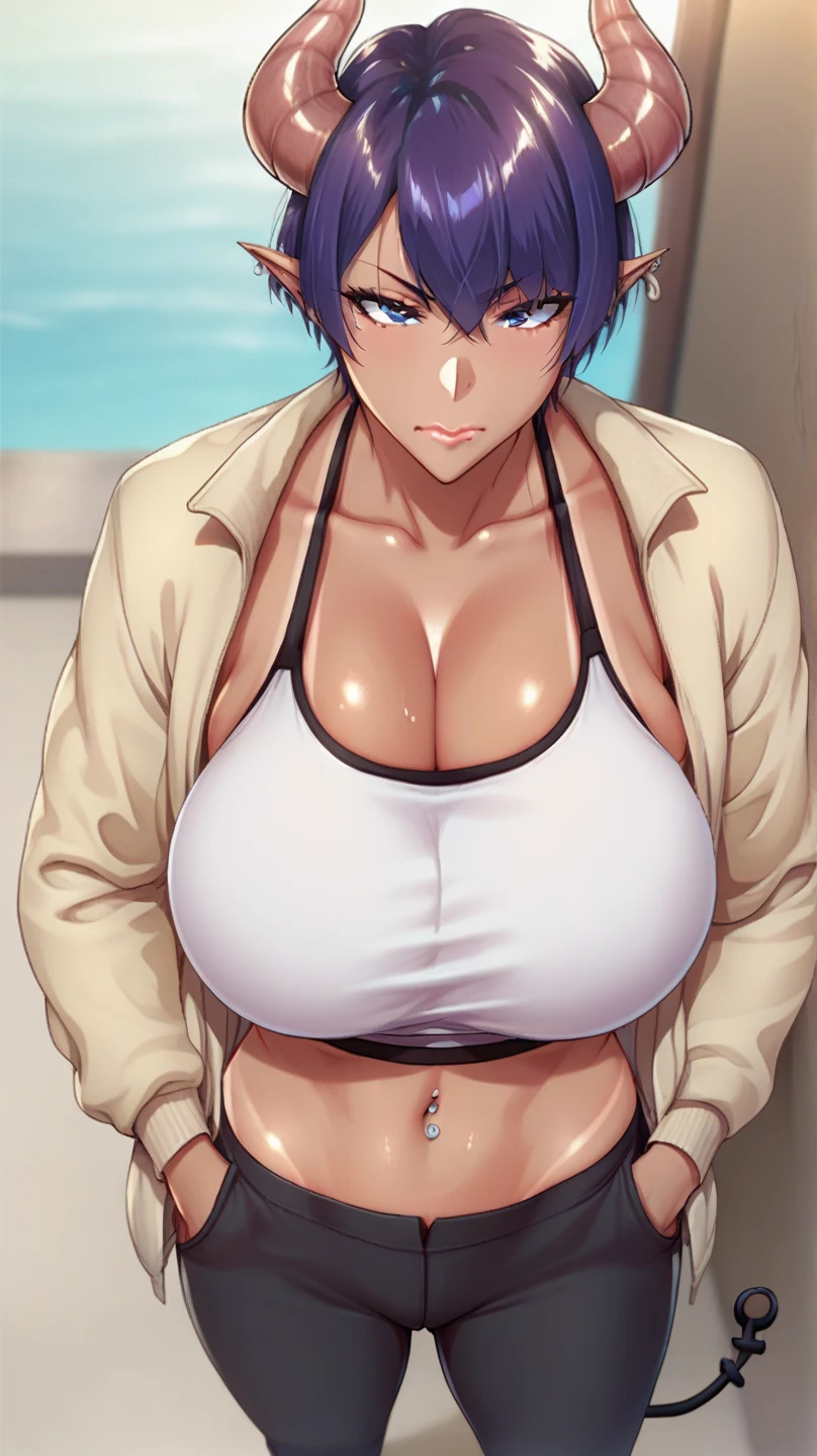 score_9,      score_8_above,      score_7_above,      score_6_above,    Estilo Takeda Hiromitsu  ,  a girl, huge breast ,   big breasts,    tall details  ,      The Best Quality     ,    Anatomically correct ,    short hair ,    Closed mouth   ,   , piercings ,   hands in their pockets    ,  tan lines ,  open sports jacket ,  tight sports pants  , face would be ,demon horns, succubus tail, cuernos , pelo   color blue , cola succubus 