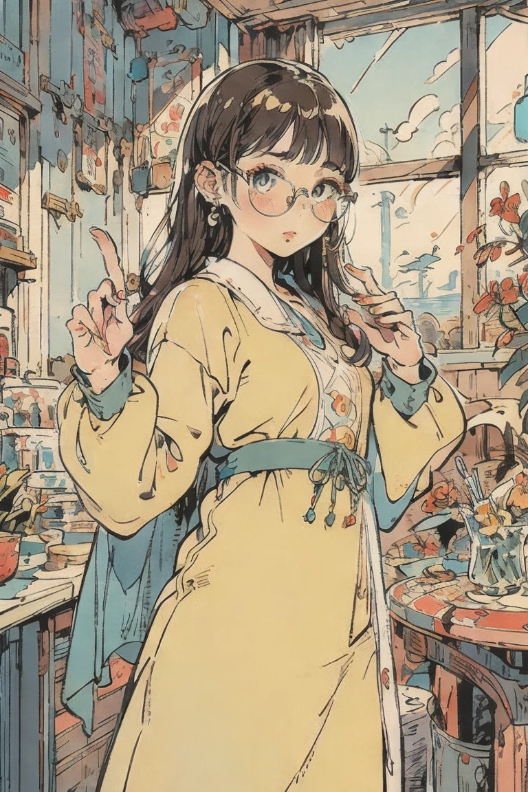 Mucha art style, masterpiece,  top quality ,  1 girl,  perfect eyes,  perfect face, Kuvshinov,  cowboy shot, flat art, flat color, window side with a view of the ocean , , Casual Clothes , Glasses, happy,thumb、index finger、Middle finger、ring finger、little finger