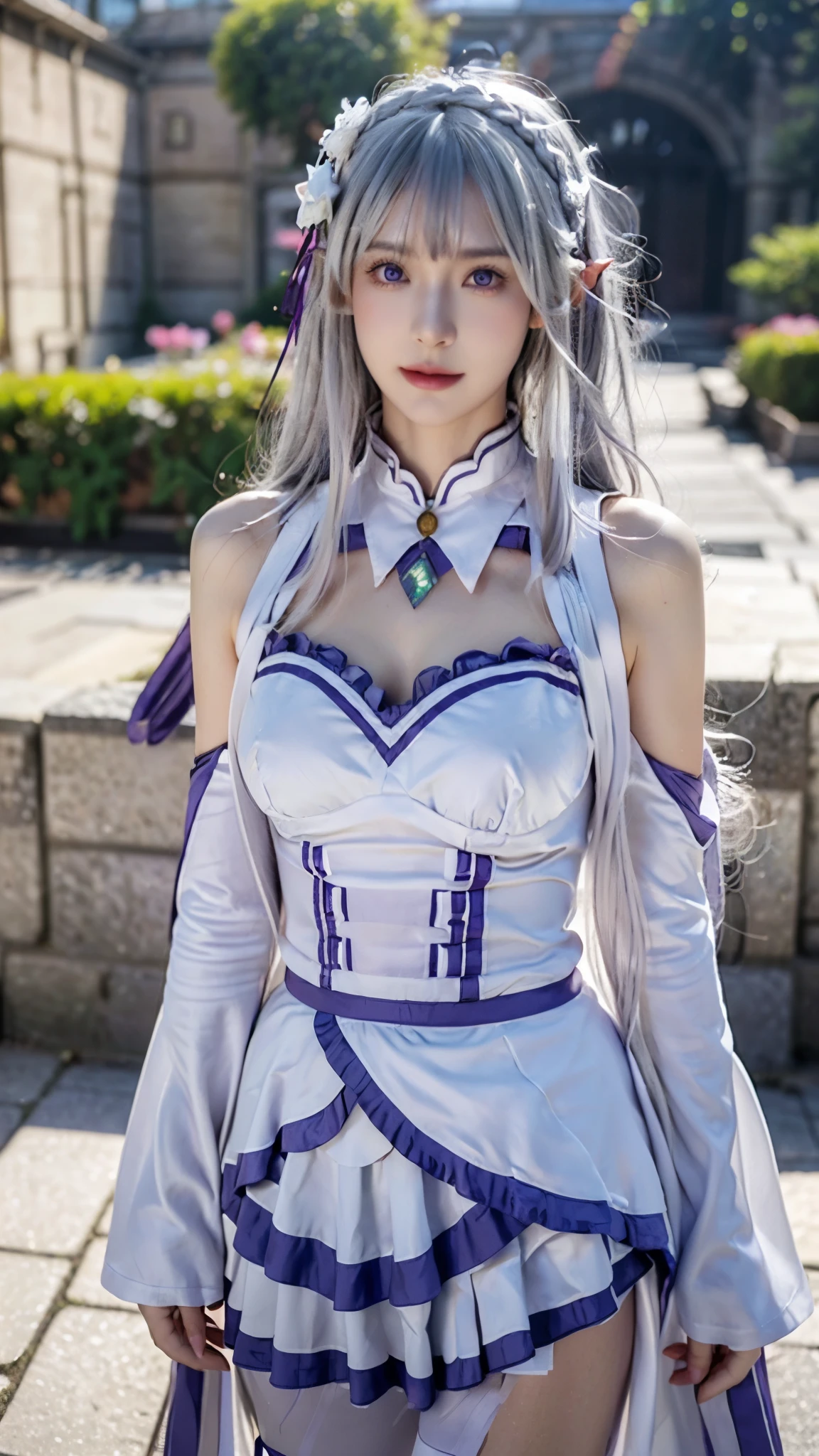 Landscape of a very beautiful 25 years woman, (cowboy shot), (((front focus))), (((background Blurry))), Bokeh, photography with Fujifilm XT3, depth of field, film grain, female focus, Emilia/(Re : Zero Kara Hajimaru/), anime style, (((walking at castle courtyard)))!!!, full of garden flower, (((looks at the camera with beautiful light purple eyes))), Ultra detailed eyes, (Beautiful light purple eye's like amethys :1.40)!!, Stars in her fixed eyes, (homochromatic eyes)!!!, ((crown braiding hair))!!!, spiky ears, seductive smile, long sleevemouth, peach fresh lips, (Blush)!! Perfect nose, Cute little nose, Earrings, beatiful face, Face Clean, realistic Skin, hyper realistic, Perfect eyebrow appear through silver hair, silver hair between eyes, silver hair bangs, (ultra shine silver hair)!!, (thick straight hair)!!, hair flower, hair ribbon, flower pattern, purple ribbon ((dynamic composition)), detached sleeves, /(((wear original costume of Emilia/)))!!!, vivid color clothes, detailed realistic clothes, plump breasts, breast cleavage, ((open skirt))!!, slim legs, Best Quality, Masterpiece, Ultra-detailed, Beautiful, hight resolution, Original, CG 8K, perfect photo, dramatic  lighting, Beautiful lighting, (Realistic fantasy art), Realistic, Full HD, Best Quality, award winning, (8k wallpaper of extremely detailed CG unit), High Details, sharp-focus, The art of dramatic and photorealistic painting,  ((In castle courtyard)), full of flower, (flower garden), dynamic composition, breathtaking rendering