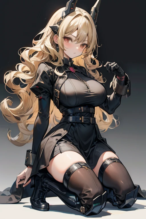 Age 30 years woman, Long blonde hair with pin doll, Wearing left eye patch, wearing a black red white bodysuit, high heels, red eyes, sitting on a The middle seat of the Meadow, view of the high tower satellites, sad, best quality, masterpiece, HD, Full Body, beautiful face