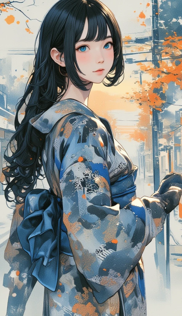  Splatter Backgrounds and Spray Paint Effects, Hiroshige Utagawa, yukata,  full body angle、 back view、Woman looking back,  Very Beautiful , Beautiful Woman , dusk, watercolor, watercolor, watercolor風, watercolorの詳細なアート, watercolor digital painting, watercolor paints, 非常に精巧なwatercolor, watercolor， Japanese women，1,  long hair, dark-haired、Based on blue