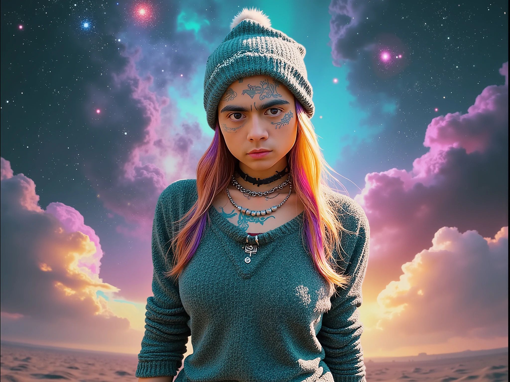  women with rainbow-colored hair and detailed dress armor in blue-green, standing, rainbow colored cosmic nebula background , stars, galaxies,  intricate details , Perfect face