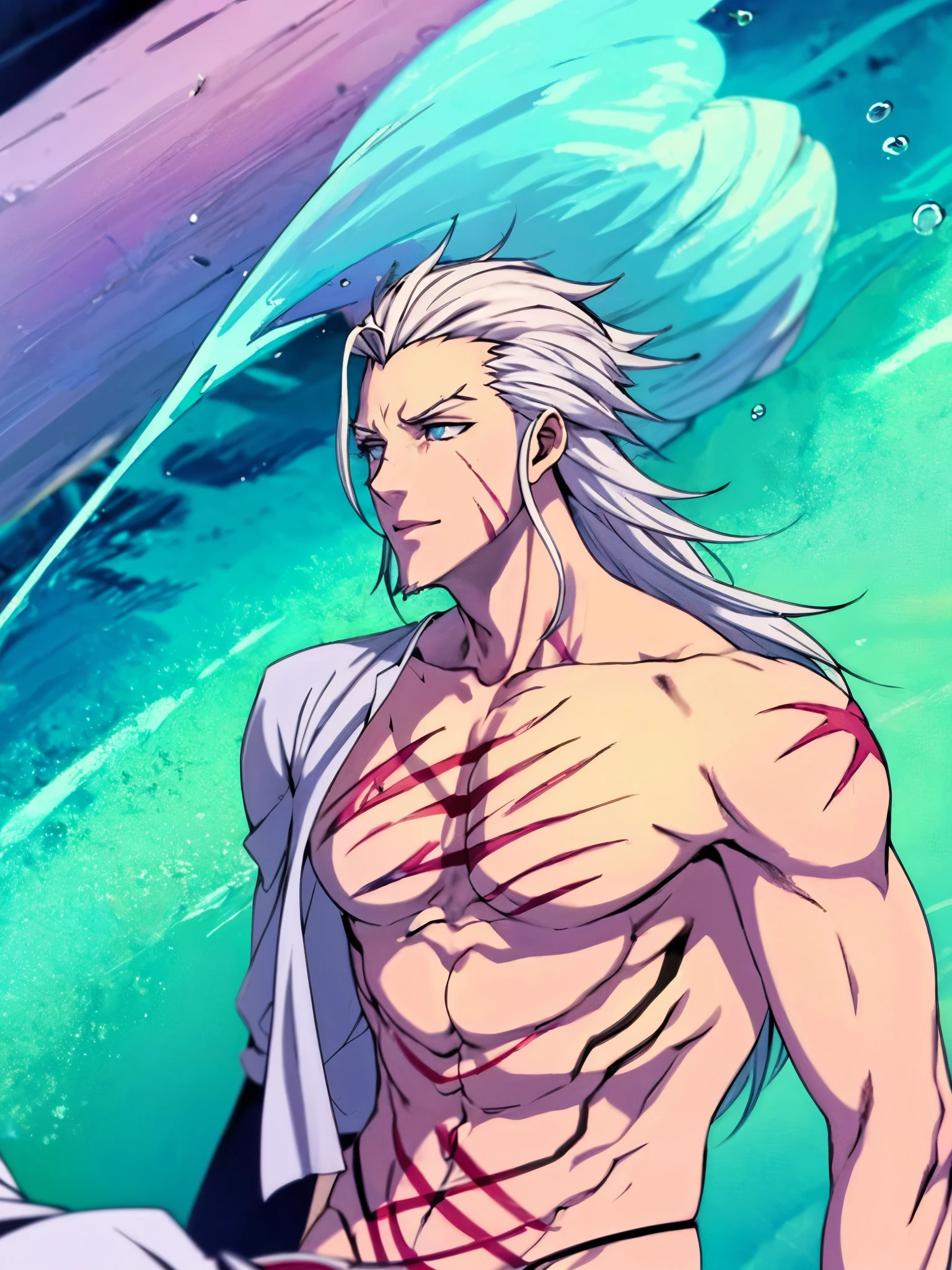 Muzaka, mature man, male character, beard, crows feet, no more characters, male swimsuit, white shirt, scars, long hair, spiky hair, messy hair, wild eyebrows, long eyebrows, light blue eyes, ultra detailed, sea drops splashing, (videogame, anime, photorealistic:1.37 ), visual harmony, epic landscapes, extremely detailed CG unity 4k wallpaper, spectacular lighting, sketch, best quality, incredible quality, very aesthetic.