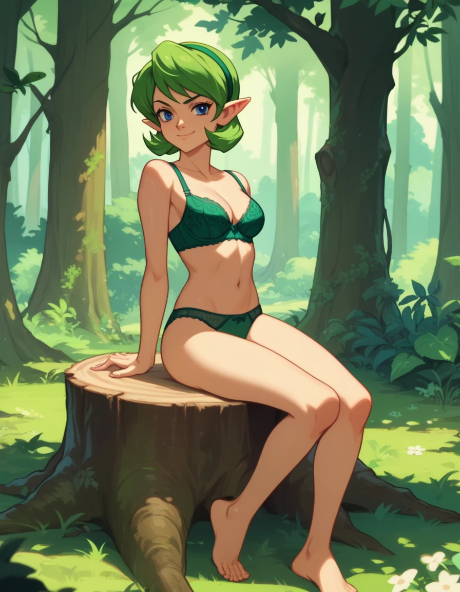 score_9,score_8,score_7,score_8_up,score_7_up,score_6_up, source_anime, anime screencap, saria, sexy, green, panties, bra, 1girl, sitting on tree stump, forest, smirk