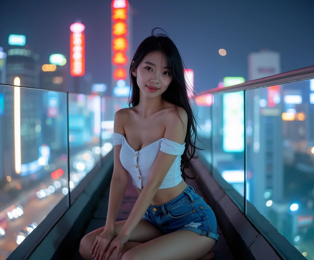 (1girl), russian, solo, long_hair, wearing(denim-strapless-shirt, white-miniskirt), photo(medium-shot), portrait, standing, pov, blurry_background, background(night, tower, rooftop, nightlight), (photorealistic, absurdres, best_quality:1.55),