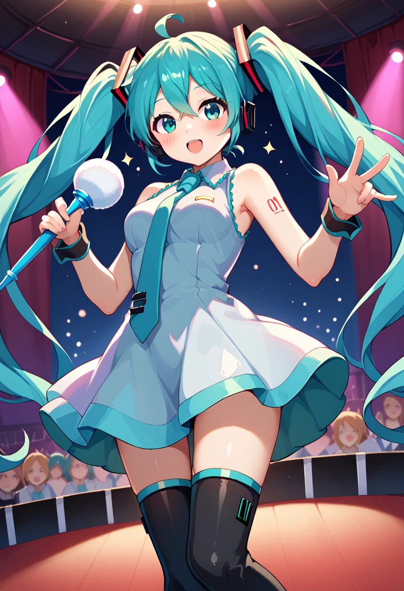 masterpiece, best quality,1girl, a short blue frilly dress, dress ribbon, dress that often reaches just above the knee, ruffles, long beautiful turquois hair, Miku Hatsune, 1girl, blushing, _anime, Miku Hatsune, Miku Hatsune, ahoge, aqua eyes, aqua hair, crossed bangs, hair between eyes, hair ornament, headphones, long hair, twin tails, mature female, aqua necktie, thigh boots, tie clip, indoors, stage, stage lights, concert, holding a magical wand with a blue ball on top of it, audience, singing, looking at viewer, Dutch angle, cowboy shot, cute anime style,  wrist cuffs, holding a magical scepter wand with a sky-blue heart on it, angel wing black boots