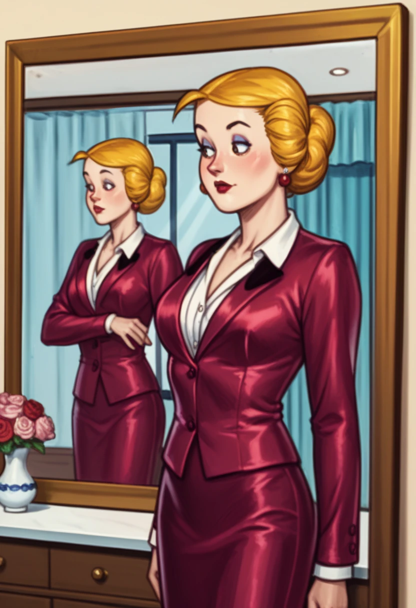 Alice Mitchell dressed in elegant clothes, watching yourself in the mirror