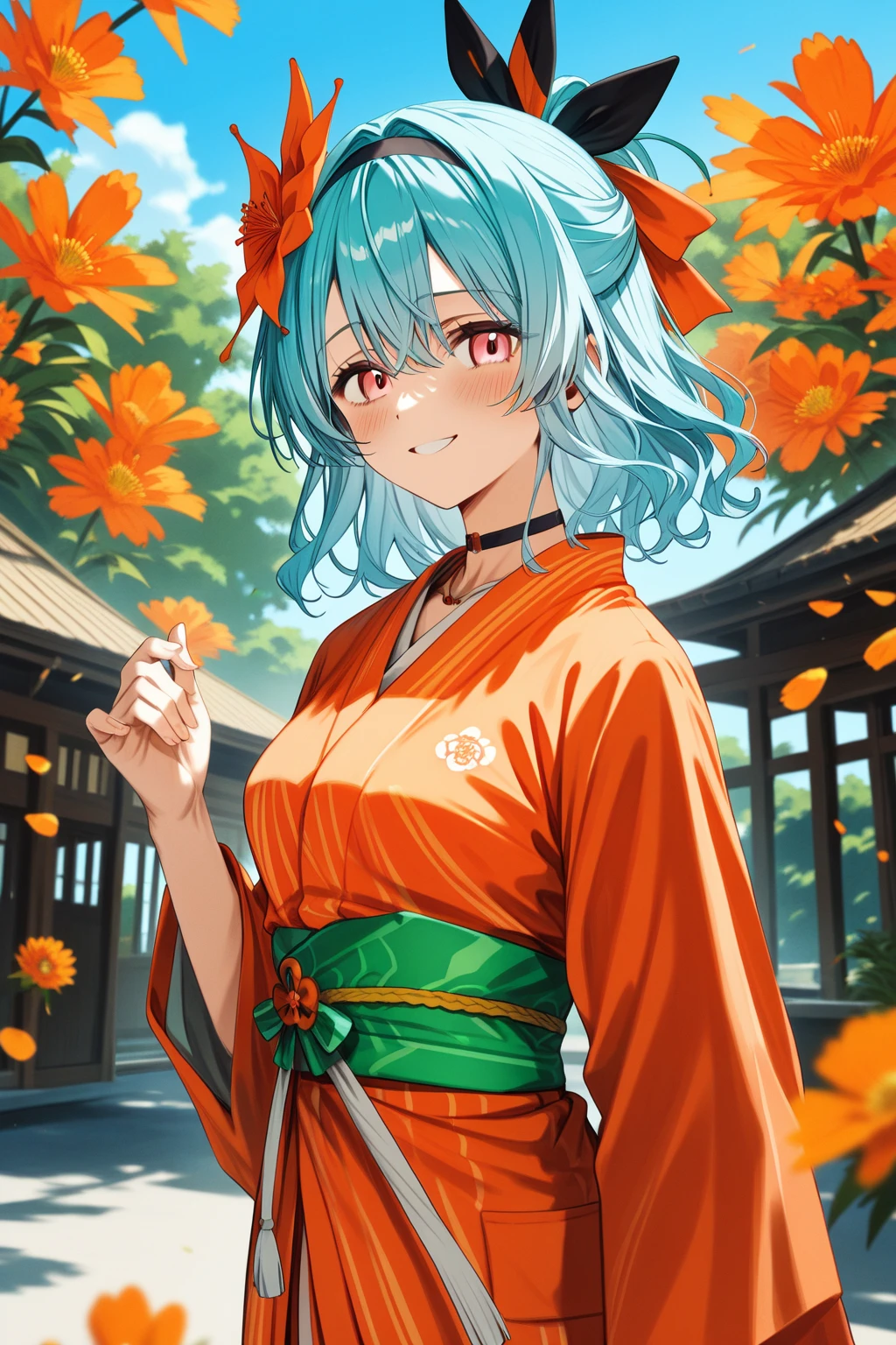 romancing saga 2, (half updo),medium hair,pink eyes, light blue hair, hair ornament, black hairband, orange flower kanzashi,(light orange yukata, emerald green obi), bangs ,black choker,necklace
BREAK
largish eyes ,oval face,medium breasts,Moist eyes、Gentle eyes、Gentle look , blush,smile,
BREAK
High Quality eyes,high definition , masterpiece,  anatomically correct ,  very detailed,  High Quality ,lens flare
BREAK
Dienamic sexy pose、summer festival at night, fireworksイヤホン, 