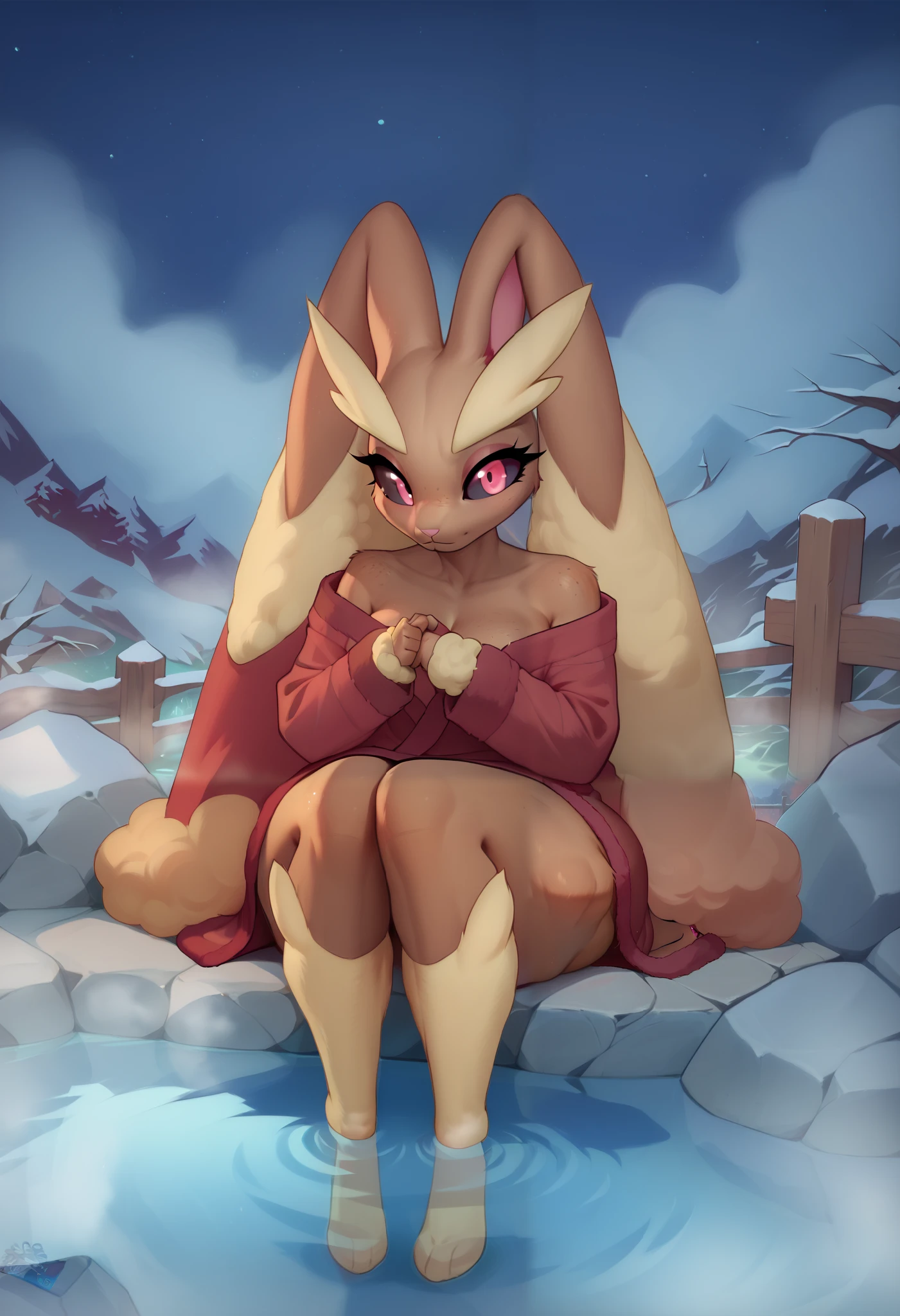 score_9, score_8_up, score_7_up, human boy, boy always human, weaver always human,  Lopunny - Pokemon. anthro, black sclera, pink eyes , anthropomorphic fluffy female lopunny, makeup,  perfect eyes, multicolored hair, wide hips, thick thighs, big boobs, beautiful body, perfect cute face, high detail, perfect cute face, high detail, perfect face, absurdres, highres, freckles, bathrobe, sitting, knees up, full body view, seductive, low transparency, sexy pose, outdoors, (night:1.5), night sky, onsen, fence, rock, water, fog, autumn leaves, snowy mountains, score_9_up, score_8_up, score_7_up