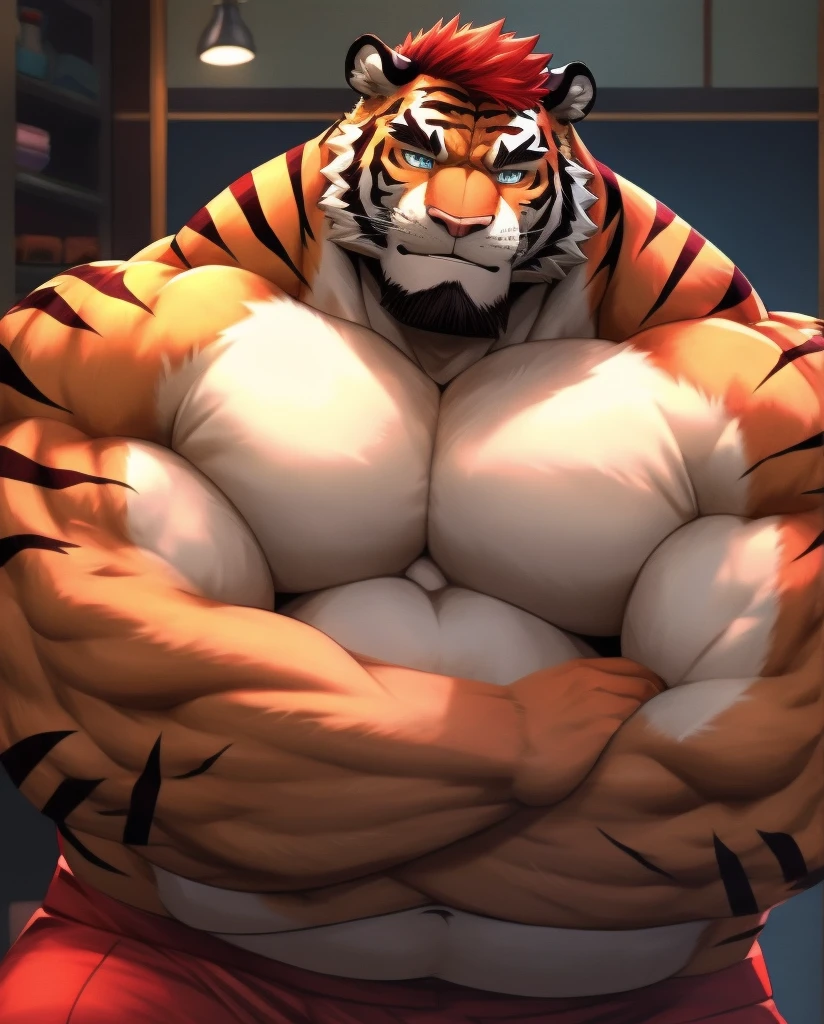 fat muscle daddy tiger furry , full body , (face detailed ) , (eyes detailed ) , red hair
