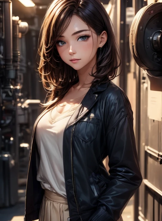 ((masterpiece, best quality)), adult girl, 20yo, monika, green eyes, brown hair, short hair, short ponytail, hair balck ribbon, white tank top, a unbuttoned black leather jacket, black jeans, action pose depth of field, bokeh, face close-up, white background, shadow