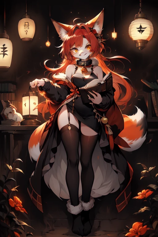 full body、Solo、unpralleled masterpiece、Detailed、 Beautiful、 score_9、 score_8_up、 score_7_up、moody atmosphere、mysterious、fox、anthro、furry、female、orange fur、(long hair、beautiful hair、dark scarlet red hair、side swept hair、bangs、hair bow in hair)、yellow eyes、(tuft of fur)、(digitigrade、claws、fox paws、exposed feet)、(foxy whiskers)、(heavily shaded orange body、dark black shading on body)、(sassy pose、sassy hips、sassy、flirtatious)、fluffy tail、(light smile、soft smile)、wearing (Black simple stylish long socks、non-transparent thigh highs、Black crop off shoulder sweater、Collar with gold bell)、night、indoors、in a library、(dimly lit room、dark room、dark room illuminated by lantern)、(divine letters with incantations on wall、open book with calligraphy written on it)、fog、looking at viewer with adoration