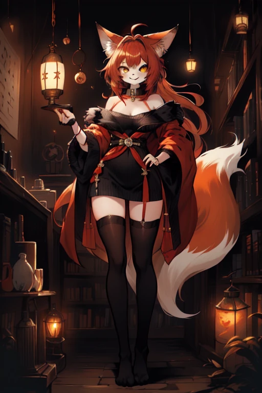 full body、Solo、unpralleled masterpiece、Detailed、 Beautiful、 score_9、 score_8_up、 score_7_up、moody atmosphere、mysterious、fox、anthro、furry、female、orange fur、(long hair、beautiful hair、dark scarlet red hair、side swept hair、bangs、hair bow in hair)、yellow eyes、(tuft of fur)、(digitigrade、claws、fox paws、exposed feet)、(foxy whiskers)、(heavily shaded orange body、dark black shading on body)、(sassy pose、sassy hips、sassy、flirtatious)、fluffy tail、(light smile、soft smile)、wearing (Black simple stylish long socks、non-transparent thigh highs、Black crop off shoulder sweater、Collar with gold bell)、night、indoors、in a library、(dimly lit room、dark room、dark room illuminated by lantern)、(divine letters with incantations on wall、open book with calligraphy written on it)、fog、looking at viewer with adoration