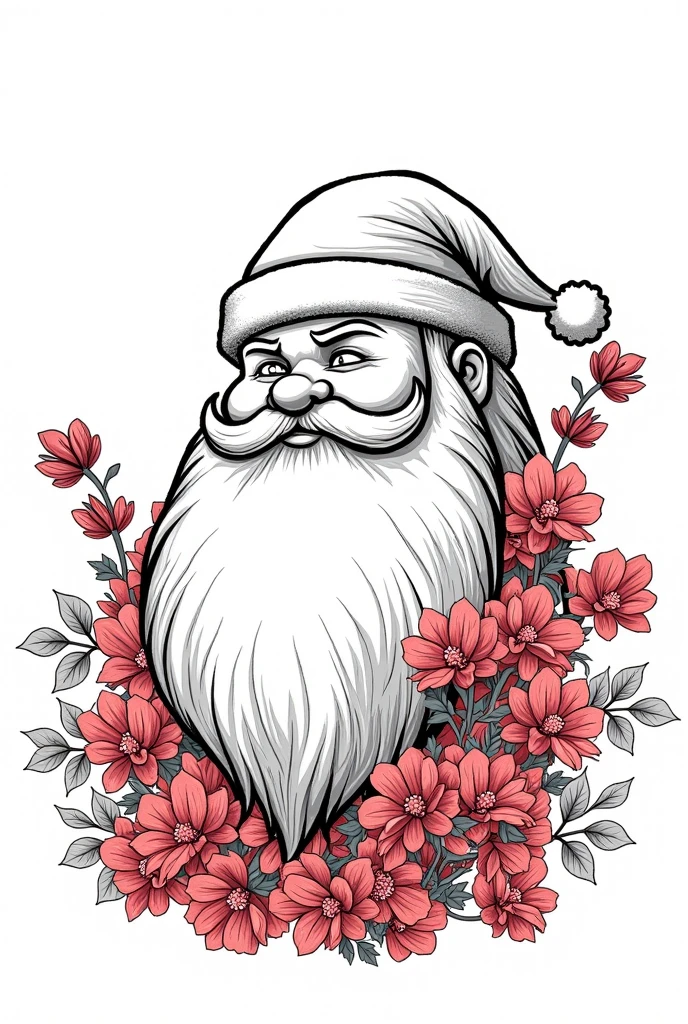 Double exposure, line art, funny cartoon illustration, monochrome Santa Claus with plump and impatient face, BREAK covered with red cyclamen flowers, ultra detailed, absolutely resolution, masterpiece