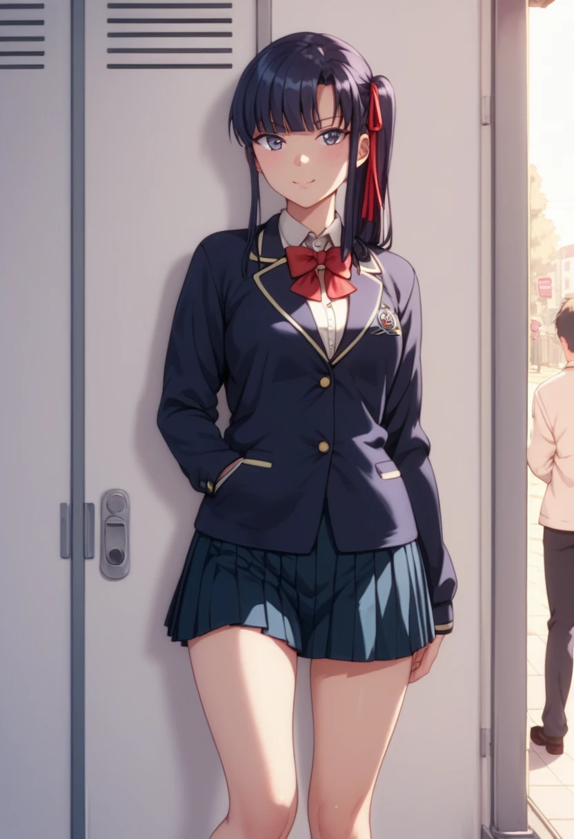 Sakura:  dressed in school uniform, with a very very short skirt,  vista inferior.